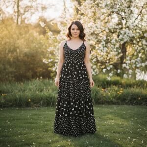 Patrons of Peace Black Floral 100% Rayon Maxi Dress XS